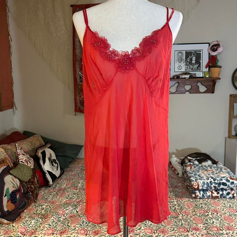 Secret Treasures Red Embroidered and Beaded Sheer Teddy Set